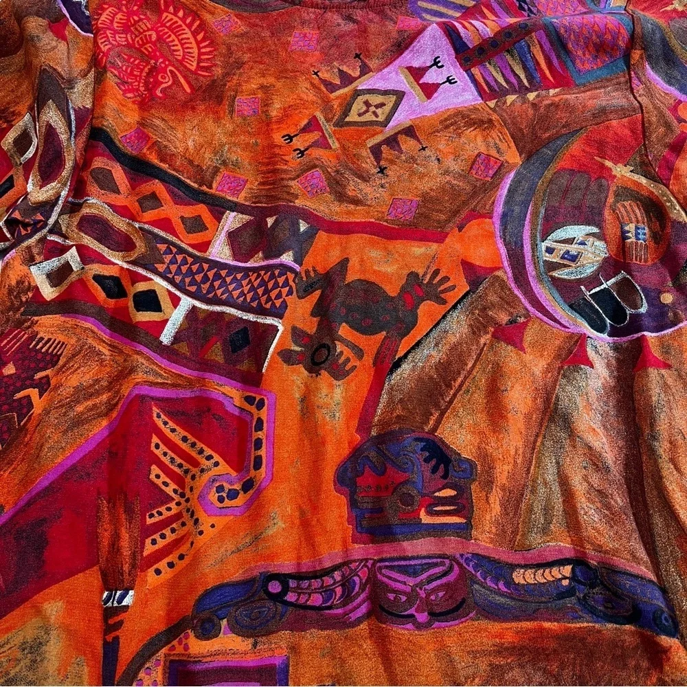 Vintage Karen Kane Multicolor Abstract Top Wearable Art Orange & Brown Statement - Picture 6 of 7